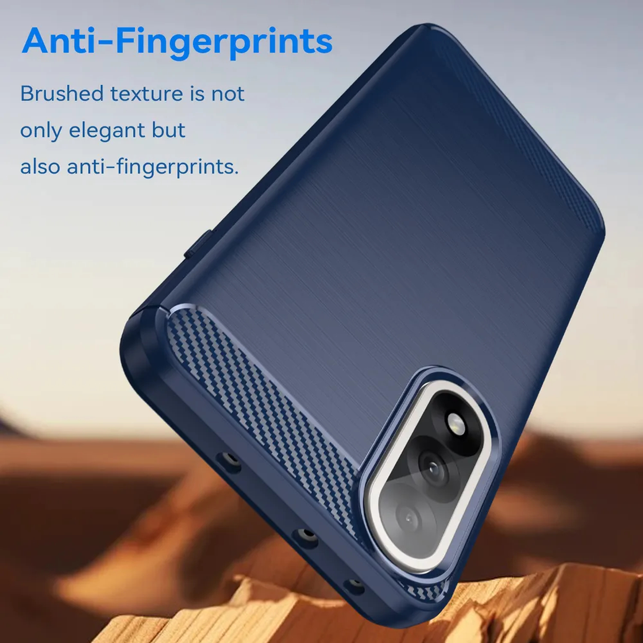 Een blauwe telefoonhoes met een geborstelde textuur staat schuin. Het heeft een camera en de tekst 'Anti-Fingerprints'.