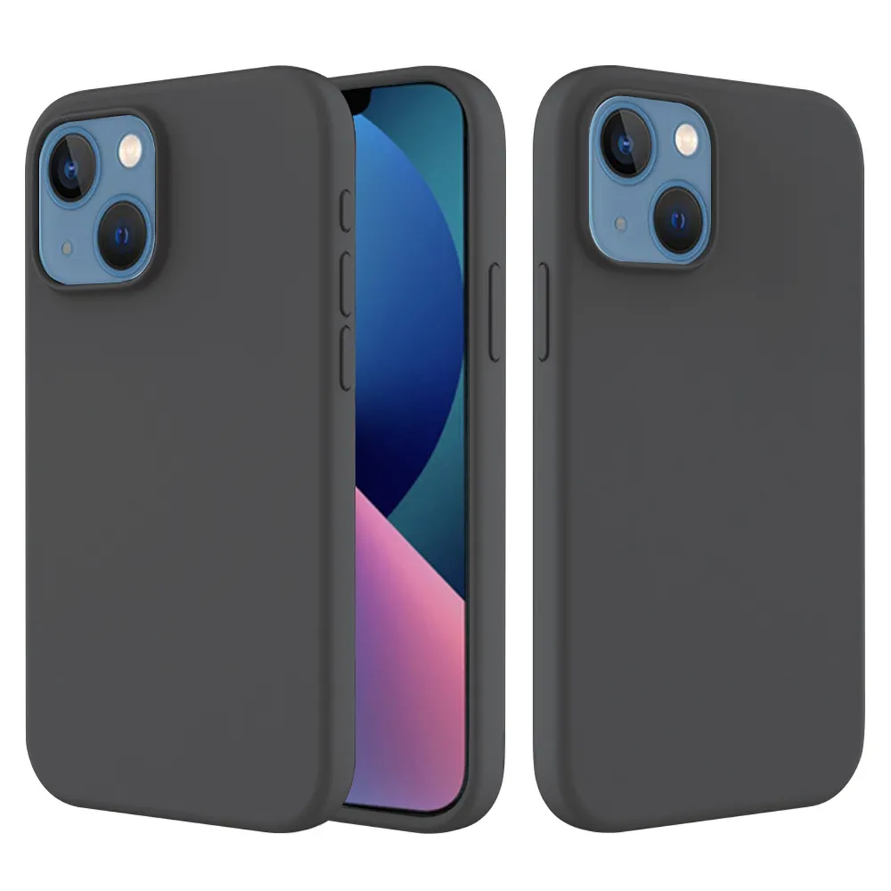 Drie donkergrijze telefoonhoesjes, twee met zichtbare cameralenzen. Eén hoesje bevat een telefoon met een blauw en roze scherm.