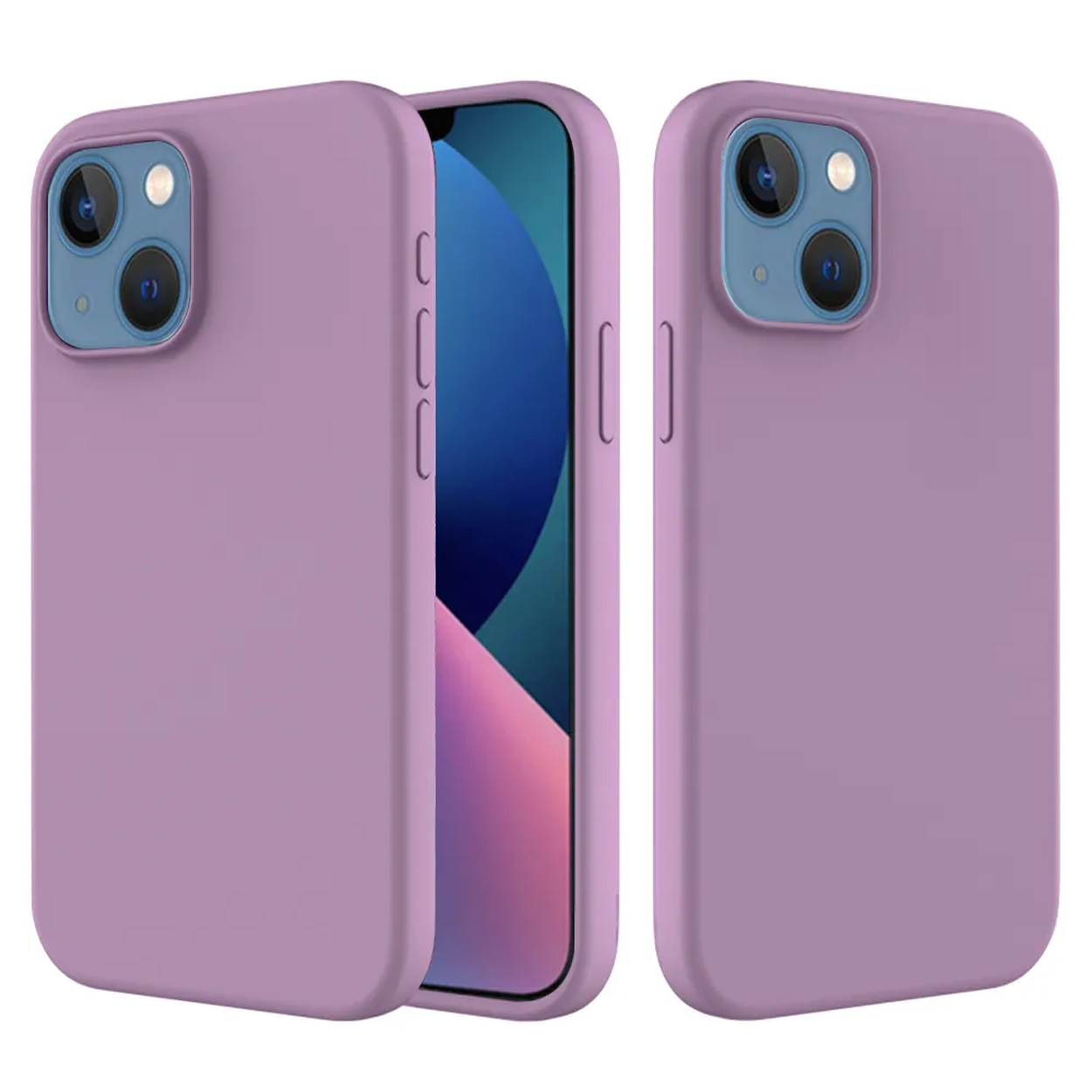 Drie paarse telefoonhoesjes met een telefoon erin. Het telefoonscherm toont een blauwe en roze afbeelding.