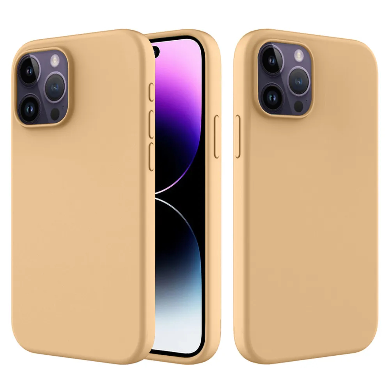 Drie beige telefoonhoesjes en een telefoon. Het telefoonscherm is zwart en paars. De hoes heeft camera-uitsparingen en knoppen.