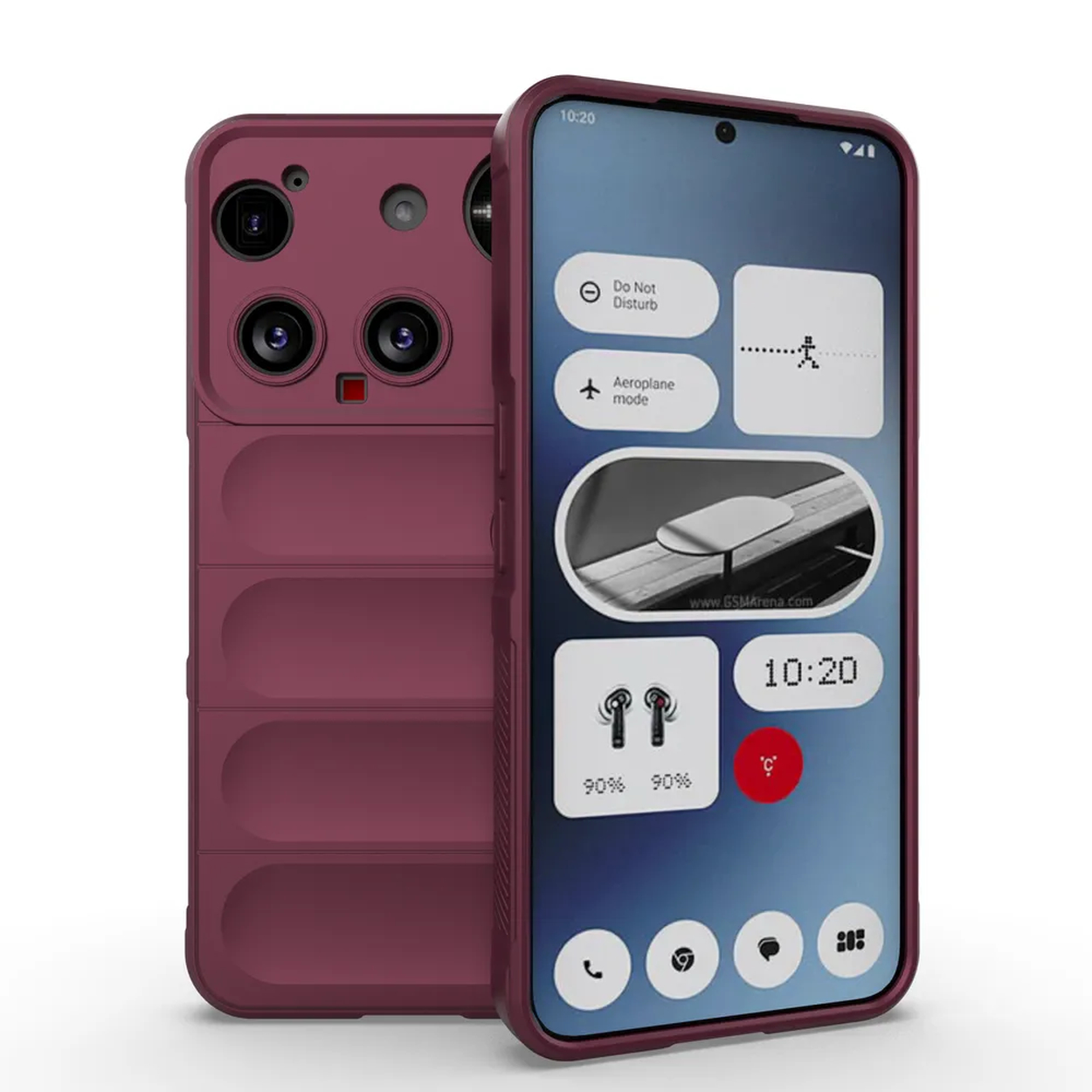 Een bordeauxrode smartphone en de hoes worden getoond. Het scherm van de telefoon toont app-pictogrammen en de tijd. De hoes heeft een uniek ontwerp.