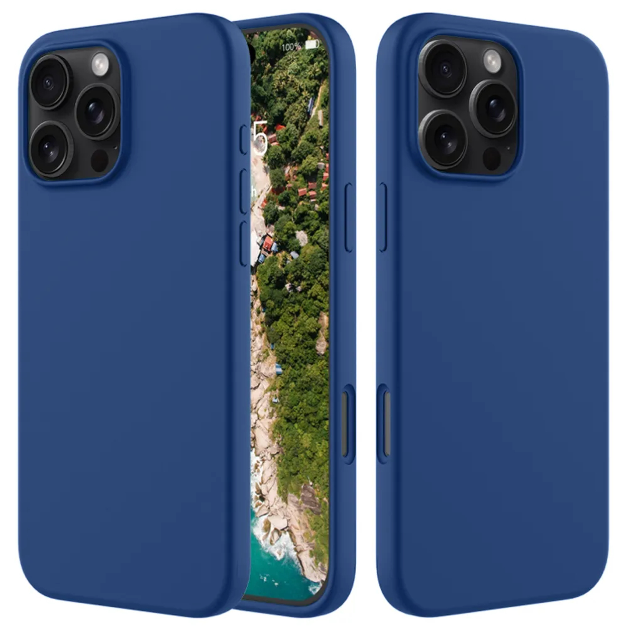 Drie blauwe telefoonhoesjes met camera's. Een hoesje toont een scherm met landschapsweergave.