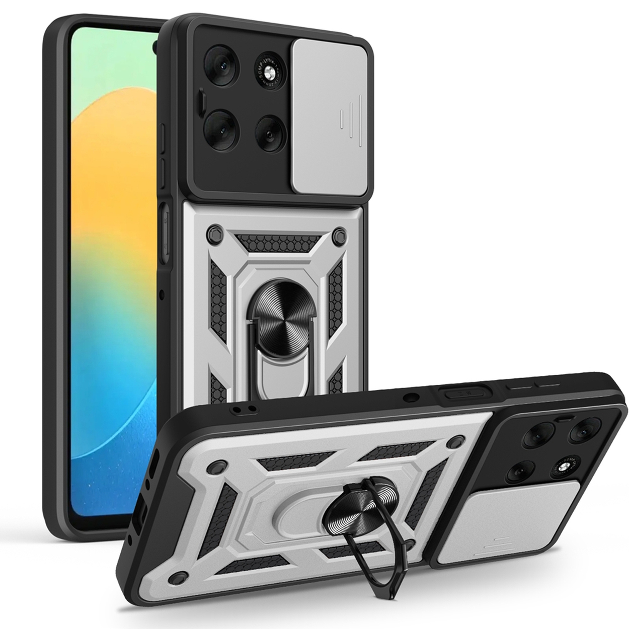 Drie zwart-zilveren telefoonhoesjes. Eén rechtop met scherm. Twee hoesjes op de grond, één met ringhouder.