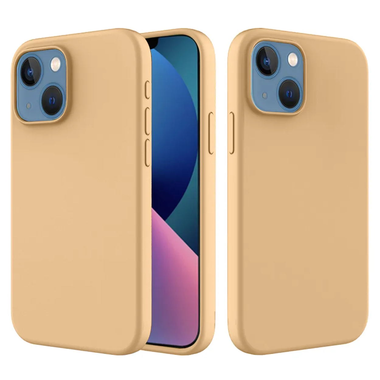 Drie iPhone-hoesjes met een telefoon erin. De hoesjes zijn beige, met camera- en knopdetails. Het telefoonscherm toont blauw en roze.