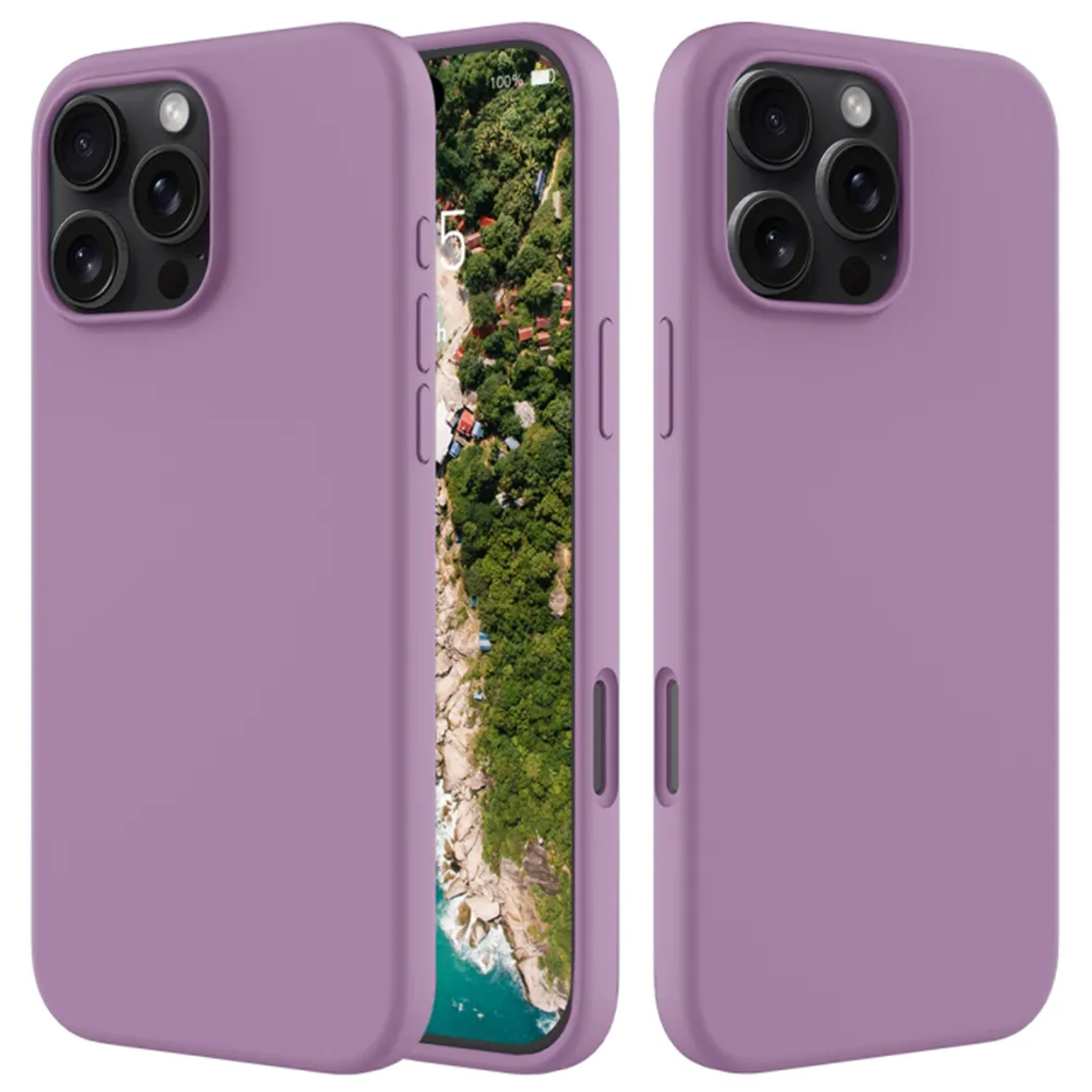 Drie paarse telefoonhoesjes, één open, met een boslandschap. Camera's en knoppen zijn zichtbaar. Hoesjes staan voor een witte achtergrond.