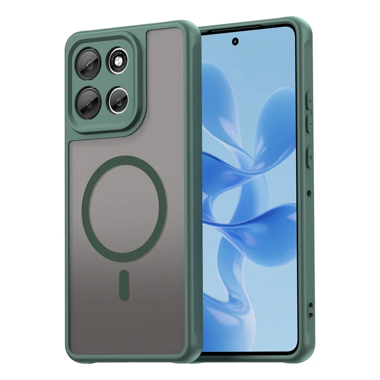 Een groene telefoonhoes, gedeeltelijk transparant, met een blauwe abstracte achtergrond. De hoes heeft uitsparingen voor de camera.