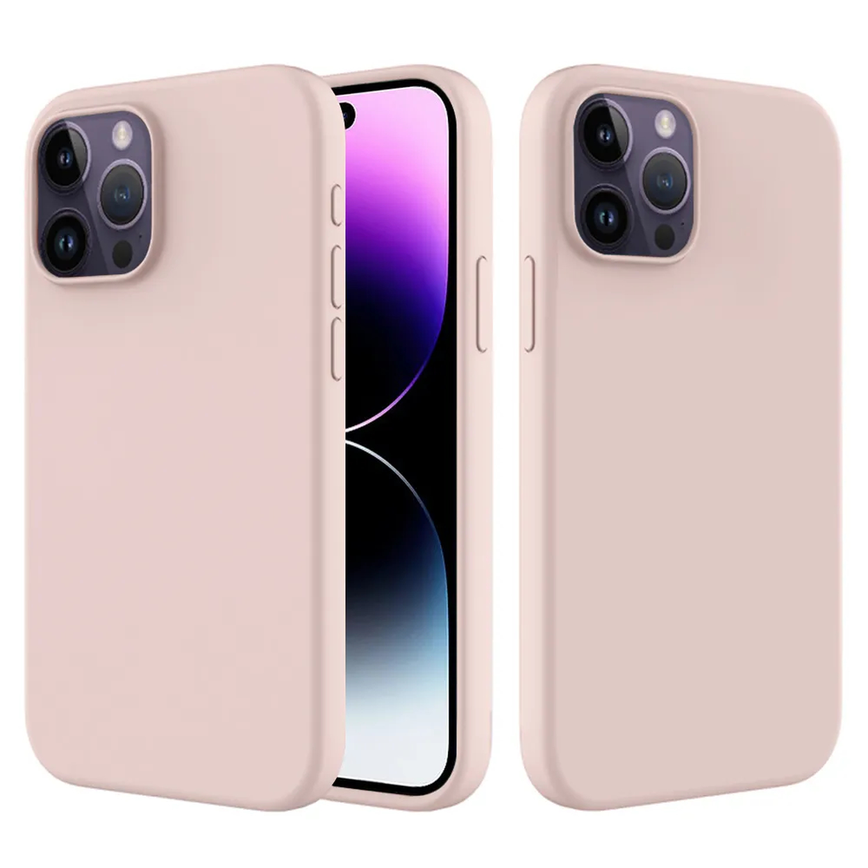 Trois étuis de téléphone roses, dont un contenant un téléphone à écran violet. Les étuis ont des découpes pour la caméra. Photo produit bien éclairée.