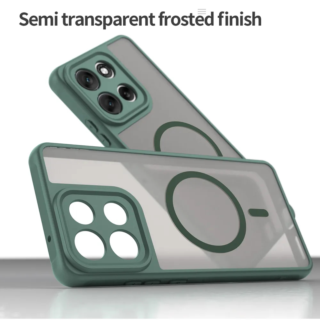 Twee groene telefoonhoesjes op elkaar. Eén heeft een camera-uitsparing, de andere een cirkel en een balk. Beide zijn semi-transparant en mat.