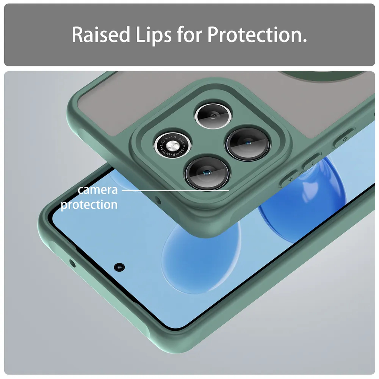 Een telefoonhoesje wordt getoond met verhoogde randen voor camerabescherming. De hoes is groen en het scherm toont een blauwe bol.