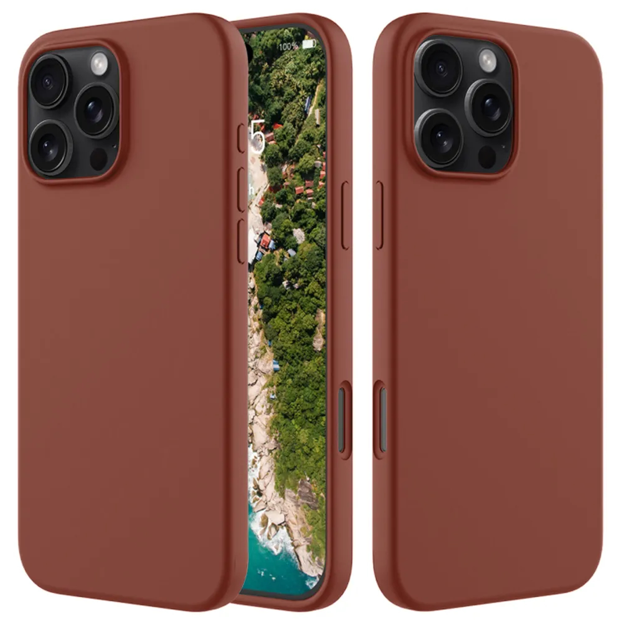 Drie bruine telefoonhoesjes. Eén open, met een natuurscène, de andere gesloten. Elk heeft een camerabult.