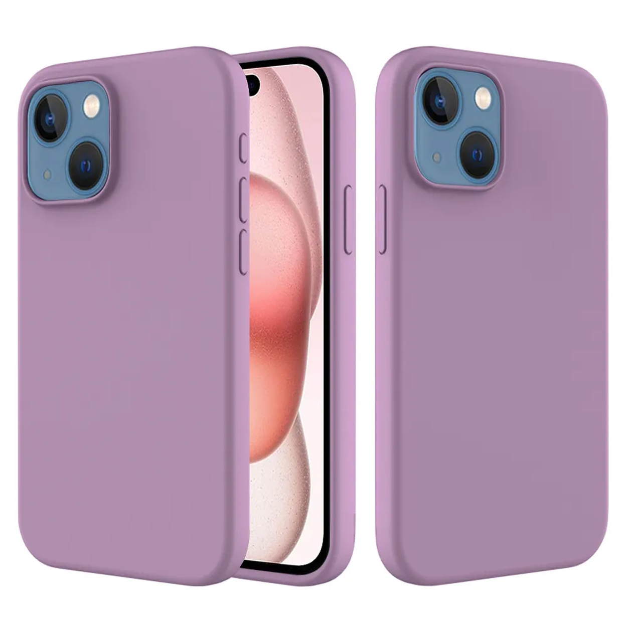 Drie lila telefoonhoesjes met een telefoon erin. Elke hoes heeft een cameramodule. De achtergrond is wit.