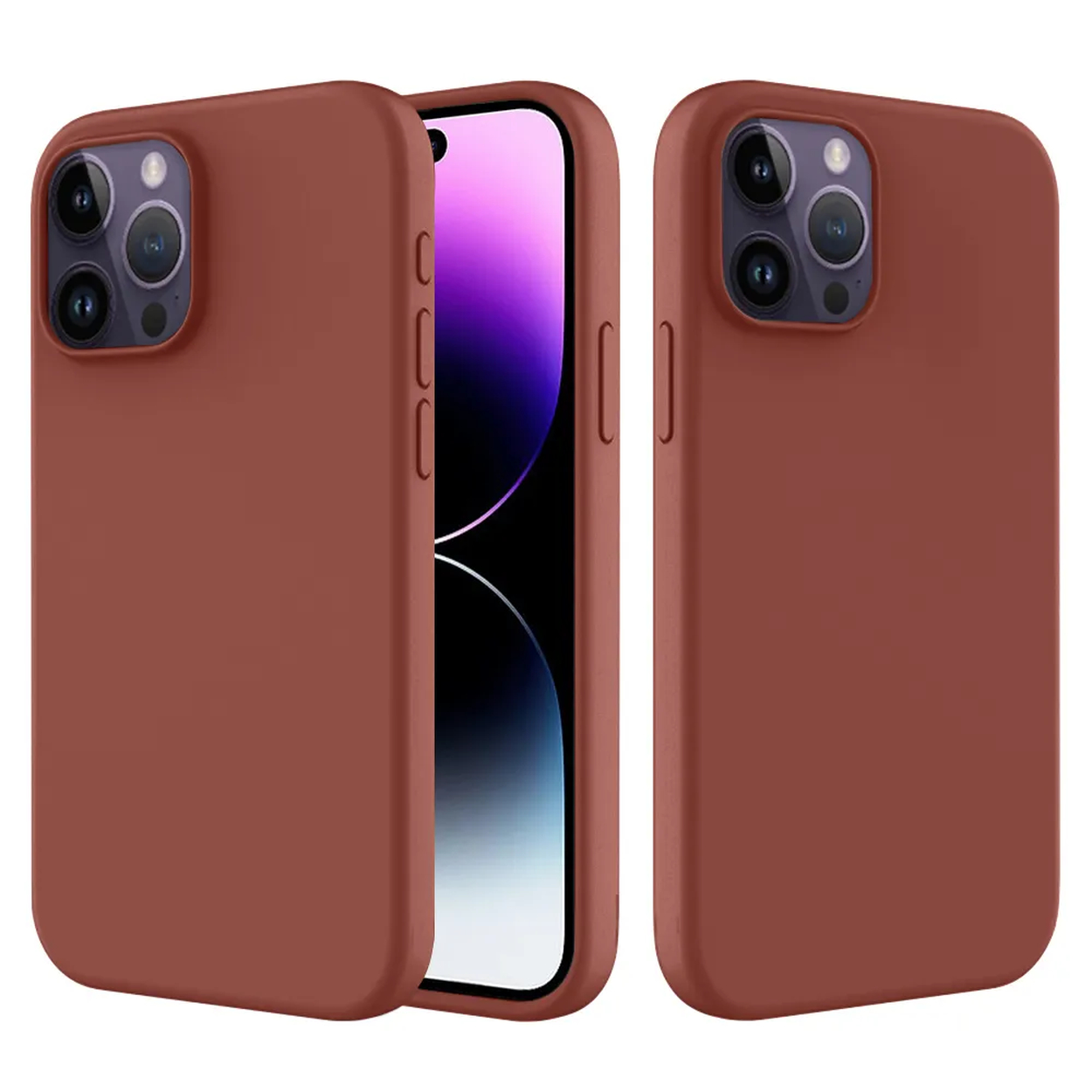 Trois étuis de téléphone marron. L'un contient un téléphone avec un écran violet. Chaque étui a un objectif d'appareil photo.