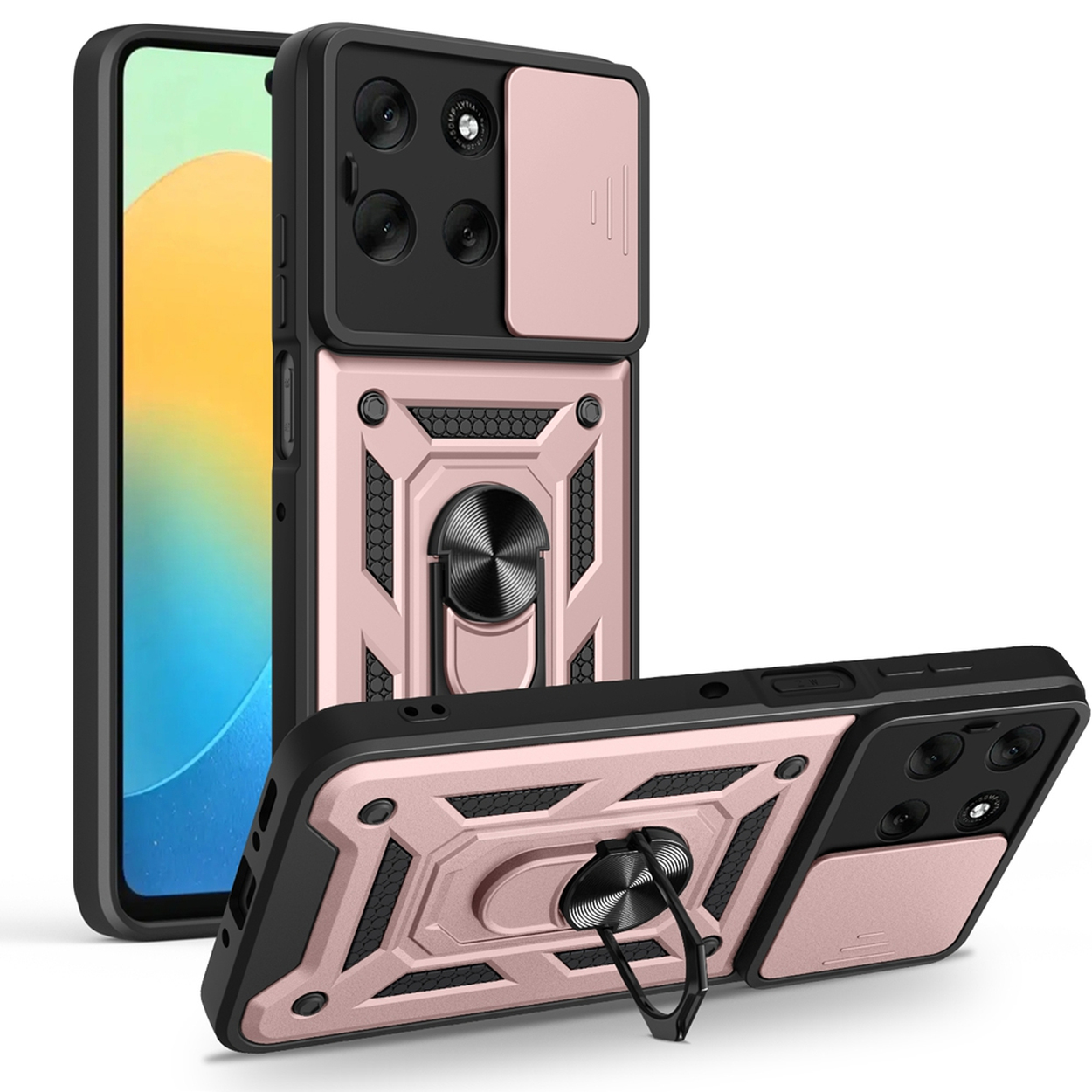 Drie roze en zwarte telefoonhoesjes met camerabescherming en ringhouders. Eén hoesje staat rechtop, twee zijn schuin op een wit oppervlak.