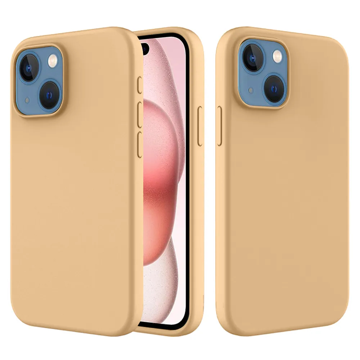 Drie beige telefoonhoesjes met blauwe cameramodules. Eén hoesje open, met een roze en wit ontwerp op het scherm.