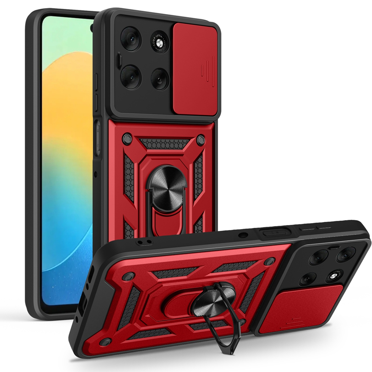 Een rood-zwarte telefoonhoes met een ringhouder. Het heeft een cameralens cover. Het telefoonscherm is zichtbaar.
