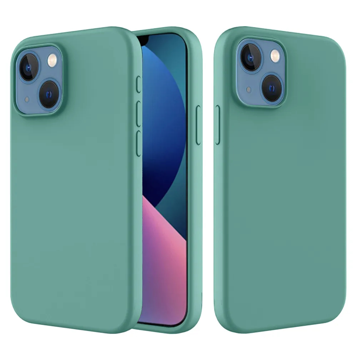 Drie teal telefoonhoesjes, één met een blauw en roze scherm. De hoesjes hebben camerabobbels. De achtergrond is wit.