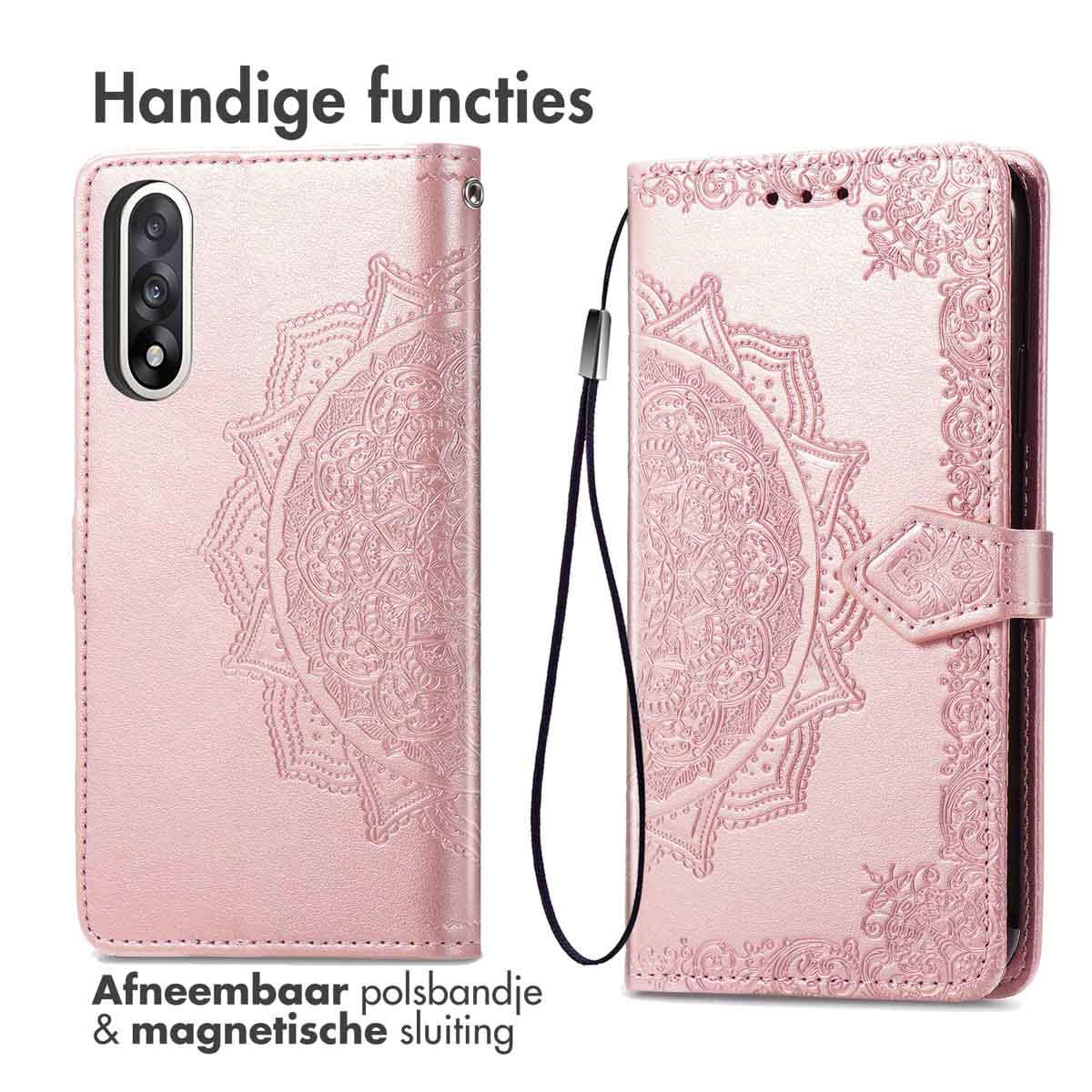 Custodia rosa per telefono con design mandala. Testo: Funzioni utili, cinturino da polso rimovibile e chiusura magnetica. Cinturino nero.
