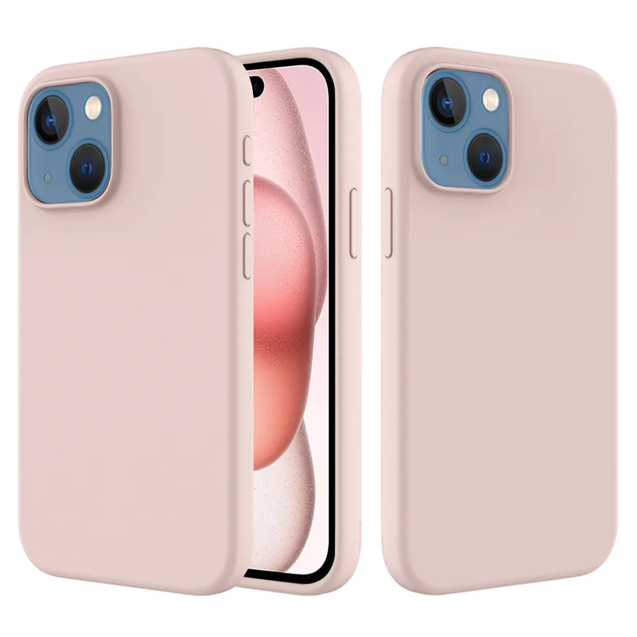 Drie roze telefoonhoesjes met camera's. Eén hoesje is open en toont een roze telefoonscherm. De hoesjes staan naast elkaar.