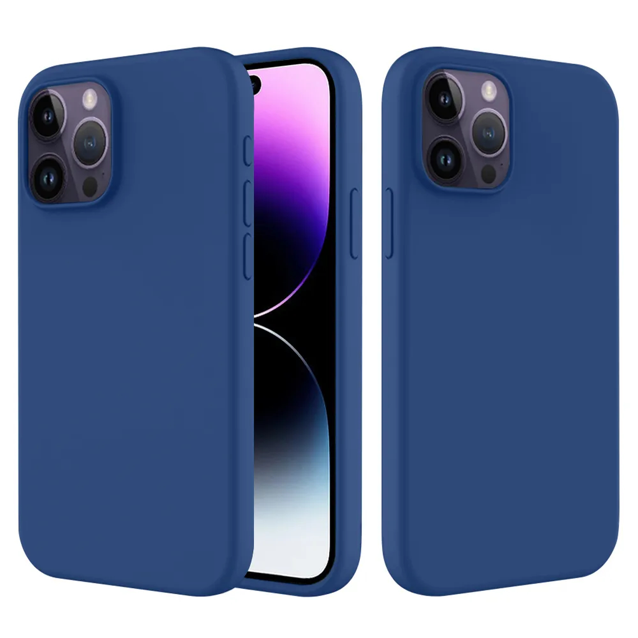 Trois coques de téléphone bleues, une avec un téléphone à l'intérieur, montrant les caméras. L'écran est noir et violet.