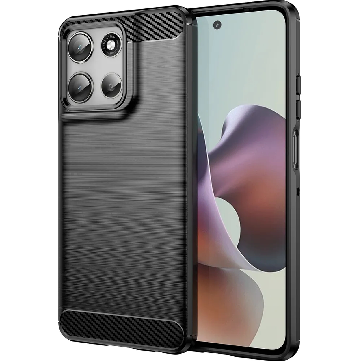 Coque de téléphone noire avec découpes pour caméra. L'écran affiche une image floue. La coque a une texture fibre de carbone.