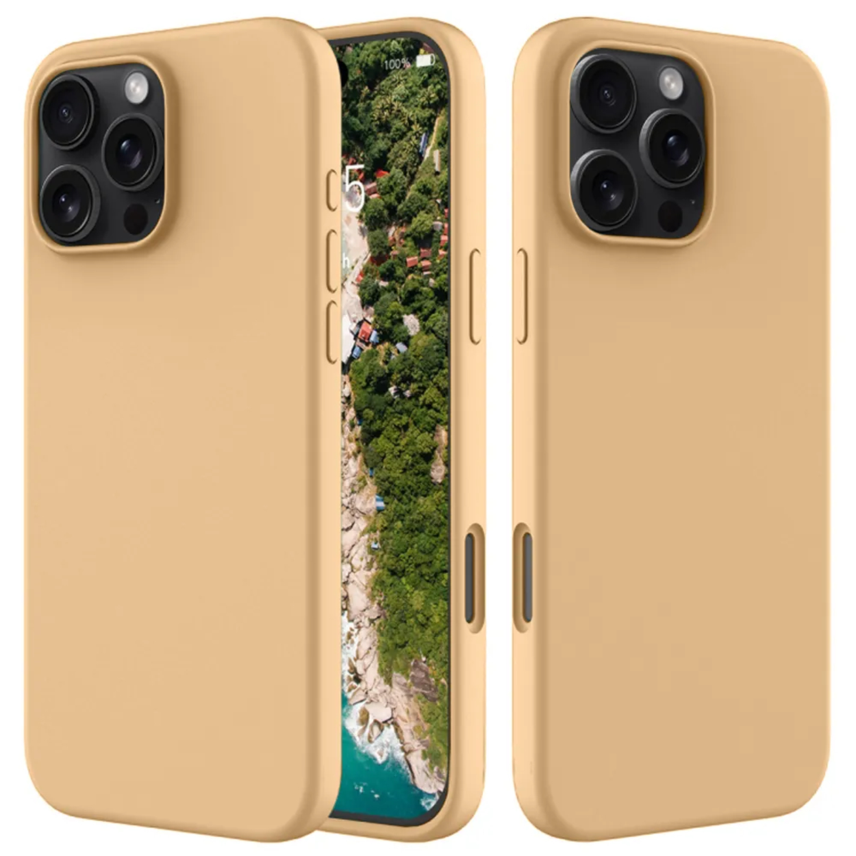 Drie beige telefoonhoesjes, één open met een landschapsafbeelding. Elke hoes heeft cameralenzen en zijknoppen.