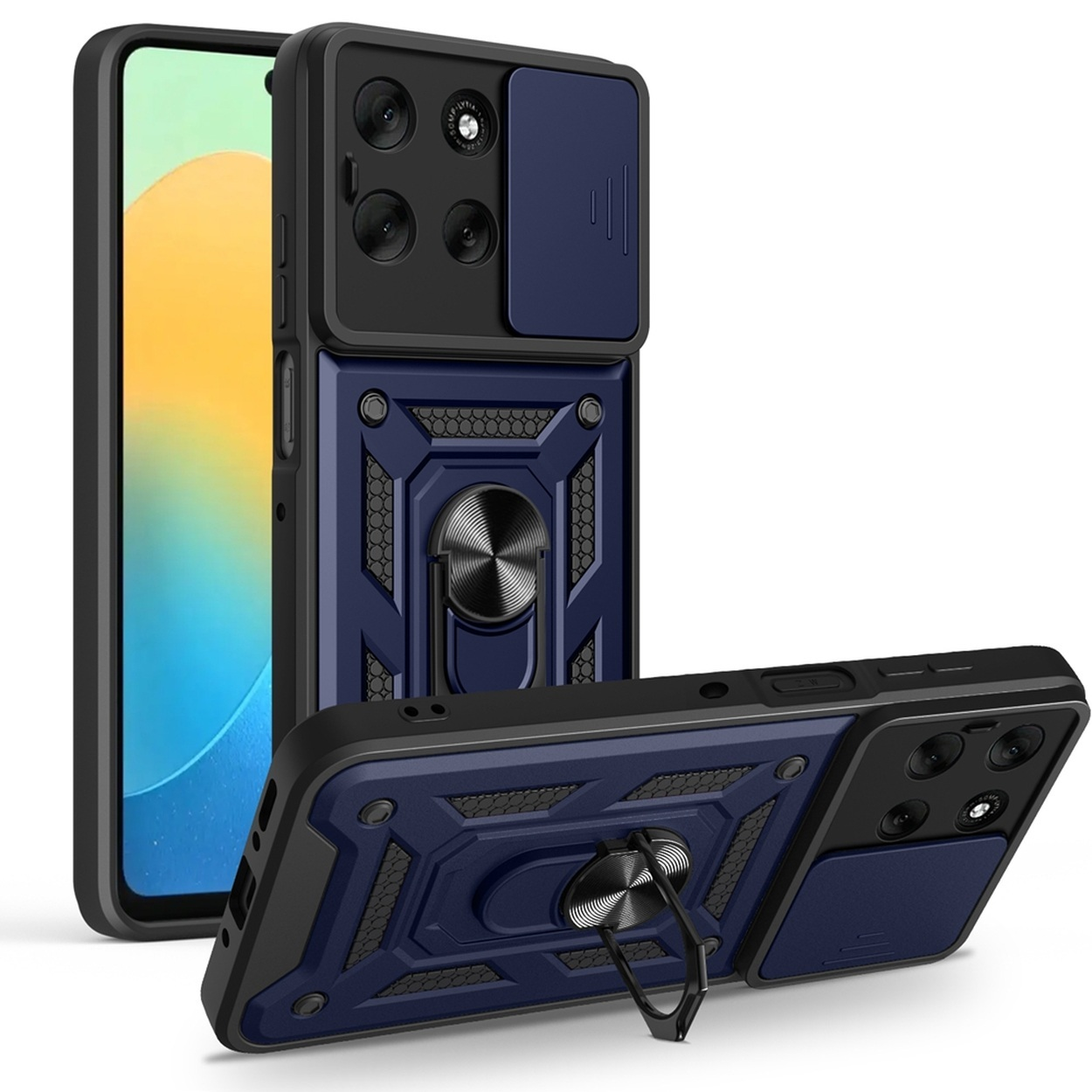 Drie telefoonhoesjes met camerabescherming. Zwart en marineblauw met ringhouders. Eén hoesje staat, twee liggen.