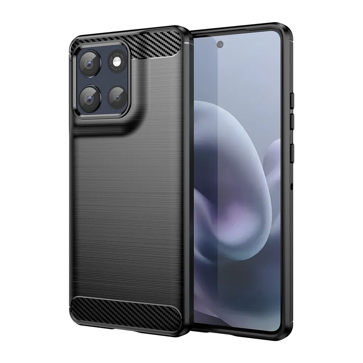Een zwarte smartphone in een beschermhoes. De telefoon heeft een scherm met een wazige afbeelding en een cameramodule met vier lenzen.
