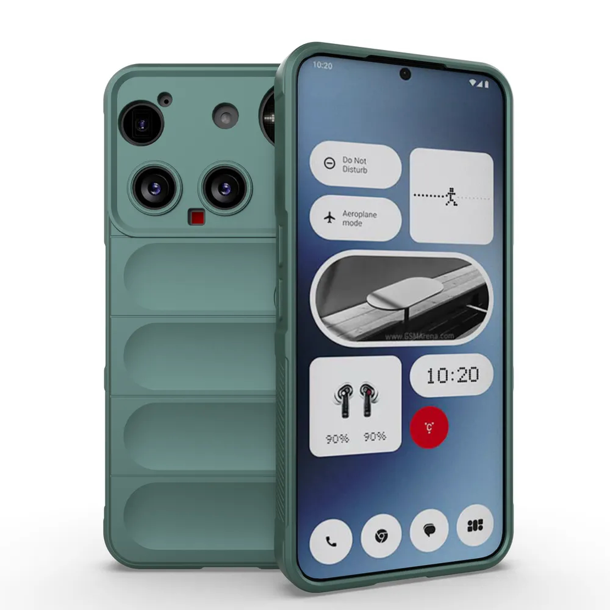 Twee groene smartphones. Eén toont widgets: tijd, batterij en instellingen. De andere heeft een camera-uitstulping.