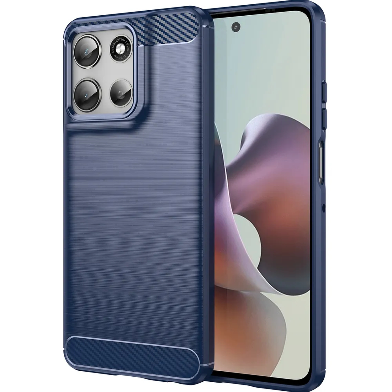 Een blauwe telefoon met een beschermhoesje. De hoes heeft een koolstofvezeltextuur en een camerabult. Het scherm toont een wazige afbeelding.