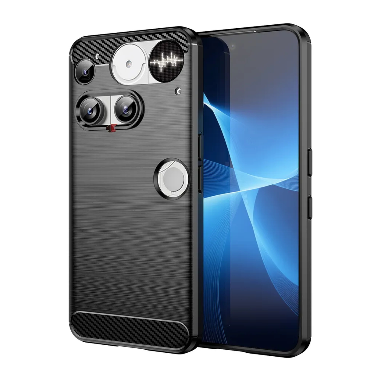 Smartphone noir avec une coque de protection. L'étui a plusieurs objectifs et un design unique. L'écran affiche un graphique bleu.