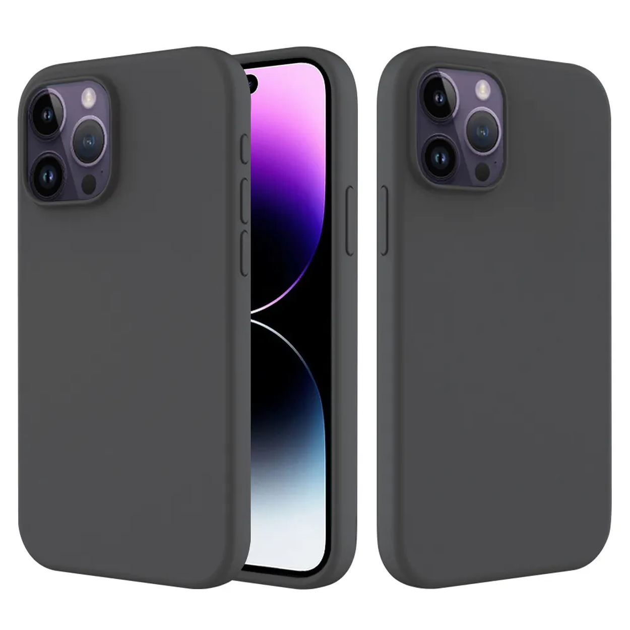 Trois étuis pour iPhone, dont un avec le téléphone à l'intérieur. Étuis gris avec découpes pour l'appareil photo, montrant l'écran et les caméras du téléphone.