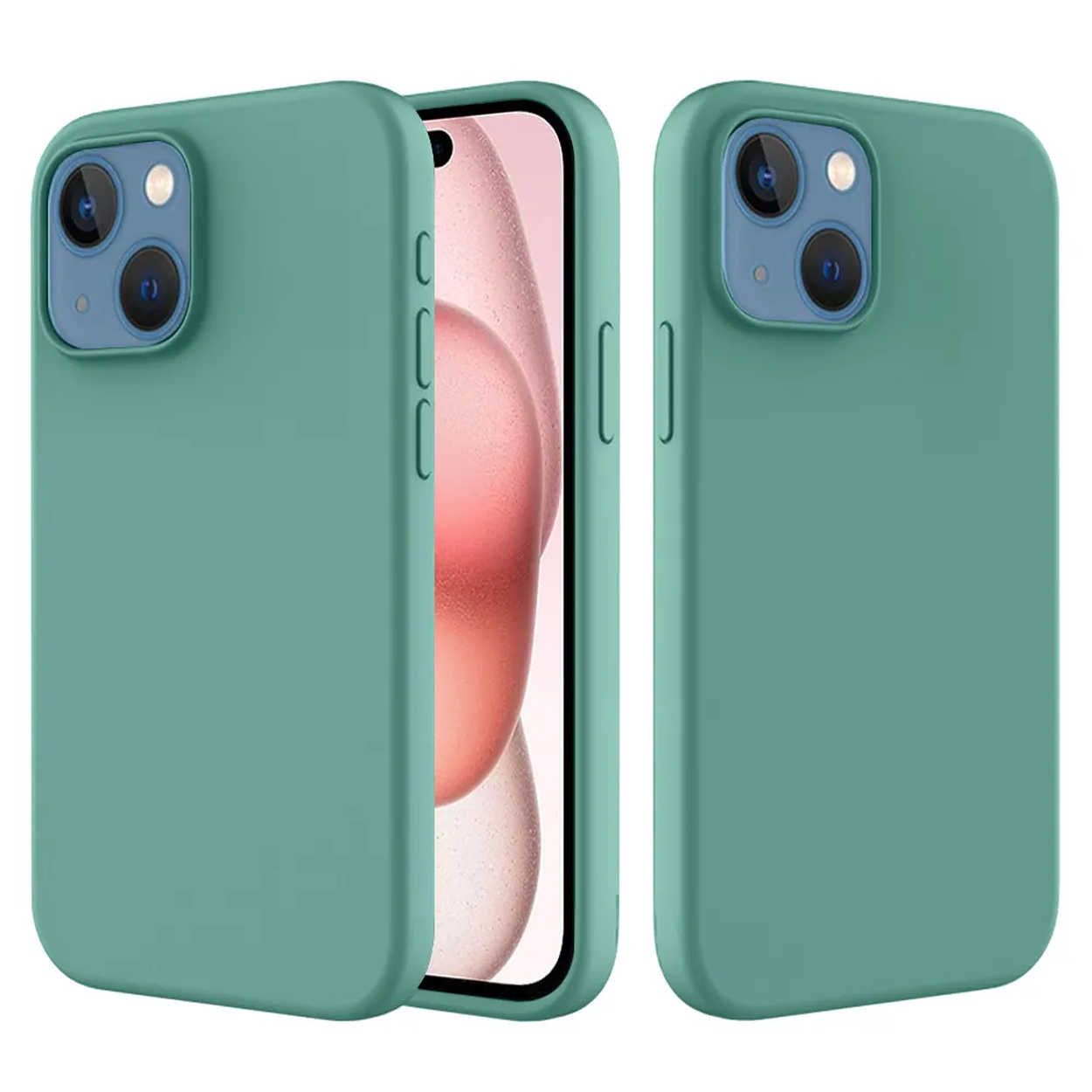 Drie teal telefoonhoesjes. Eén houdt een telefoon vast met een roze afbeelding op het scherm. Allemaal hebben camerabobbels. De achtergrond is wit.