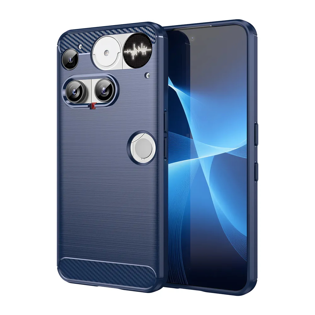 Een blauwe telefoonhoes met meerdere camera's en een vingerafdruksensor. Het telefoonscherm toont blauwe abstracte lijnen.