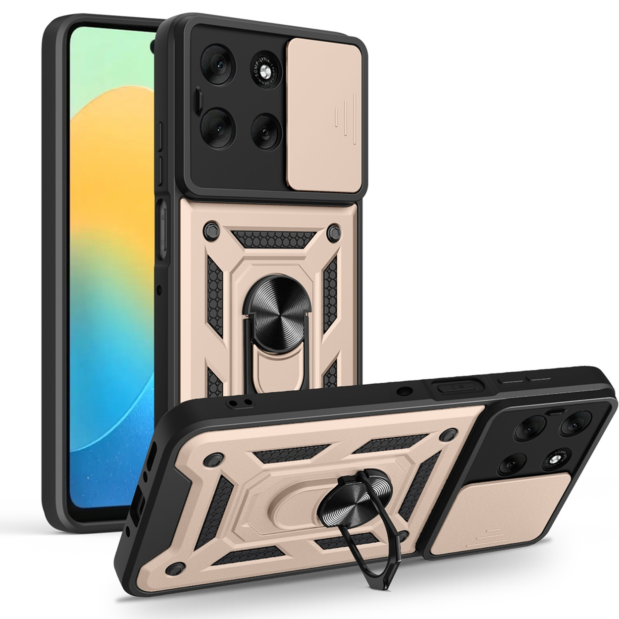 Drie telefoonhoesjes, zwart en beige. Elk heeft een uitsparing voor de camera en een ringhouder. Eén hoesje staat rechtop, twee staan schuin.