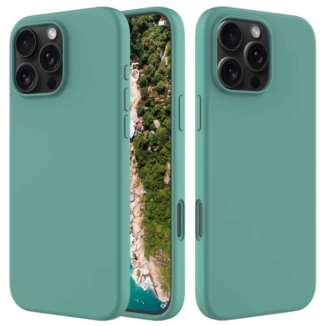 Drie teal telefoonhoesjes, één met een scherm met bomen. Elke hoes heeft camera's en knoppen. Het scherm toont een boslandschap.