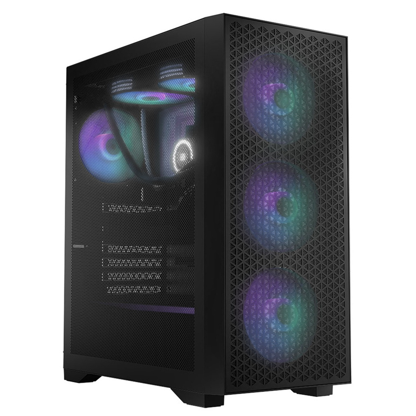 Case per computer nero con parte anteriore e laterali a rete. Tre ventole illuminate frontali e componenti visibili.