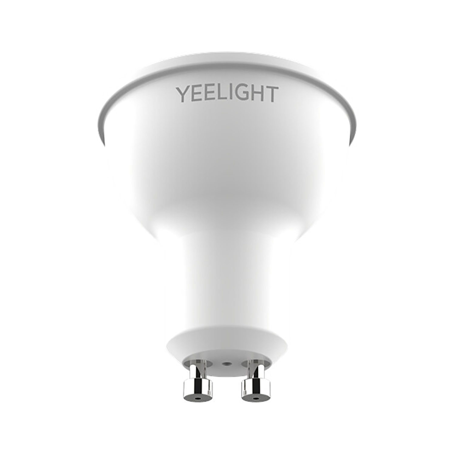 Une ampoule spot LED Yeelight blanche sur fond blanc. L'ampoule a une forme cylindrique avec deux broches métalliques en bas.
