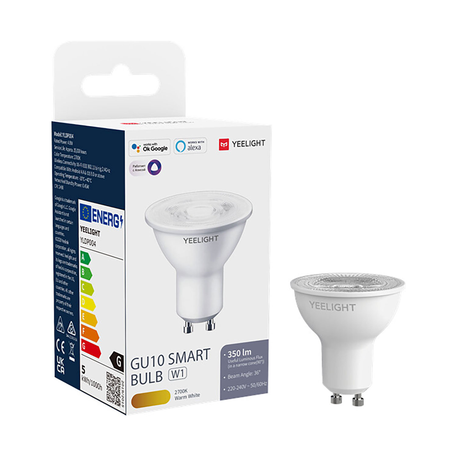 Une ampoule intelligente Yeelight GU10 blanche et sa boîte. La boîte affiche des informations sur le produit et des logos Google et Alexa.