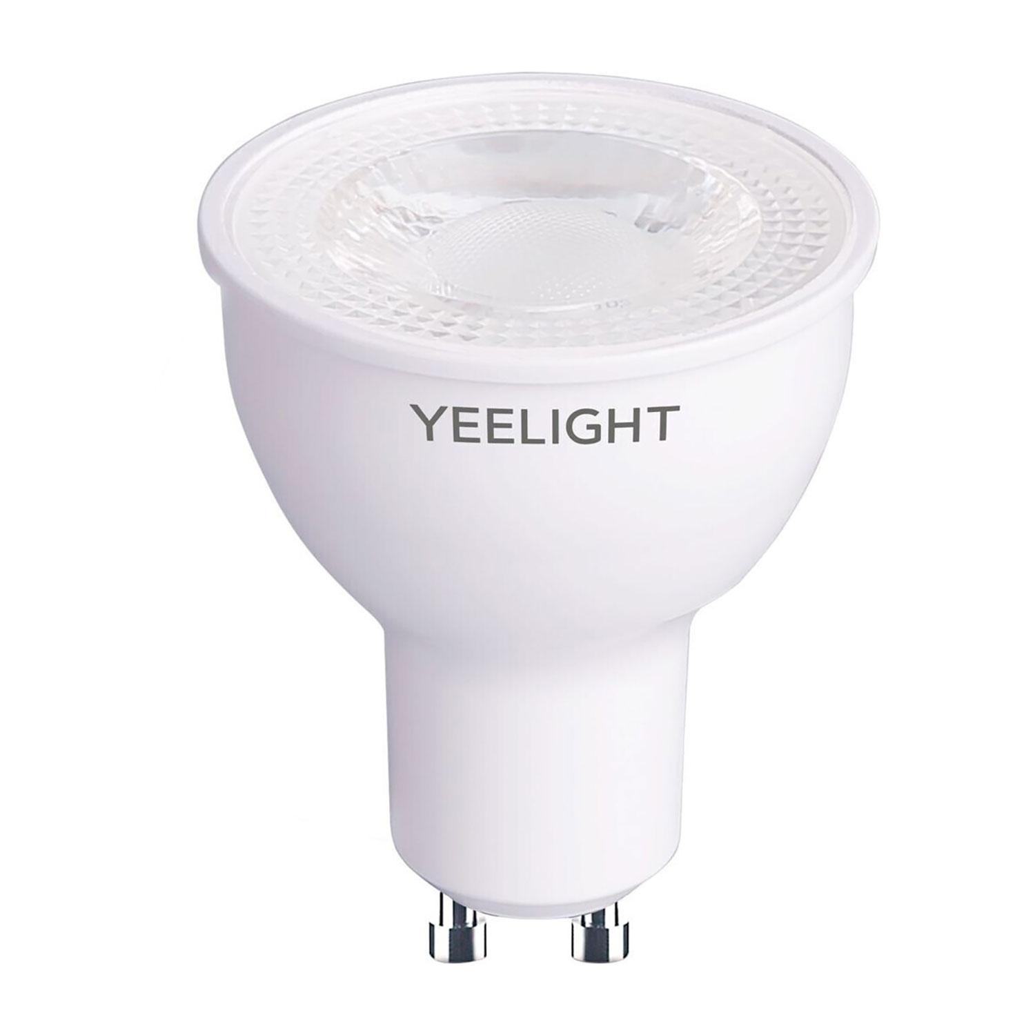 Une ampoule LED Yeelight blanche. Elle a un devant rond et transparent et un corps blanc. Deux broches argentées en bas.