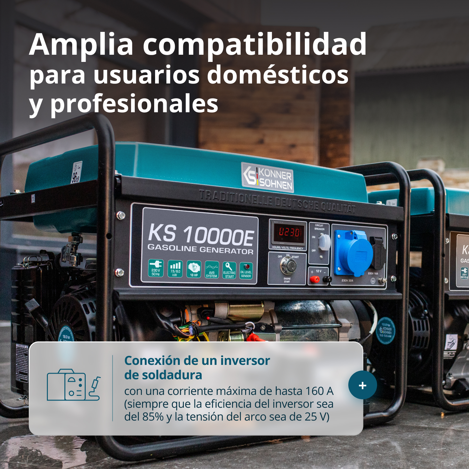 Generator z tekstem po hiszpańsku, pokazujący specyfikacje techniczne. Jest czarny z turkusowymi akcentami. Tekst dotyczy spawania.