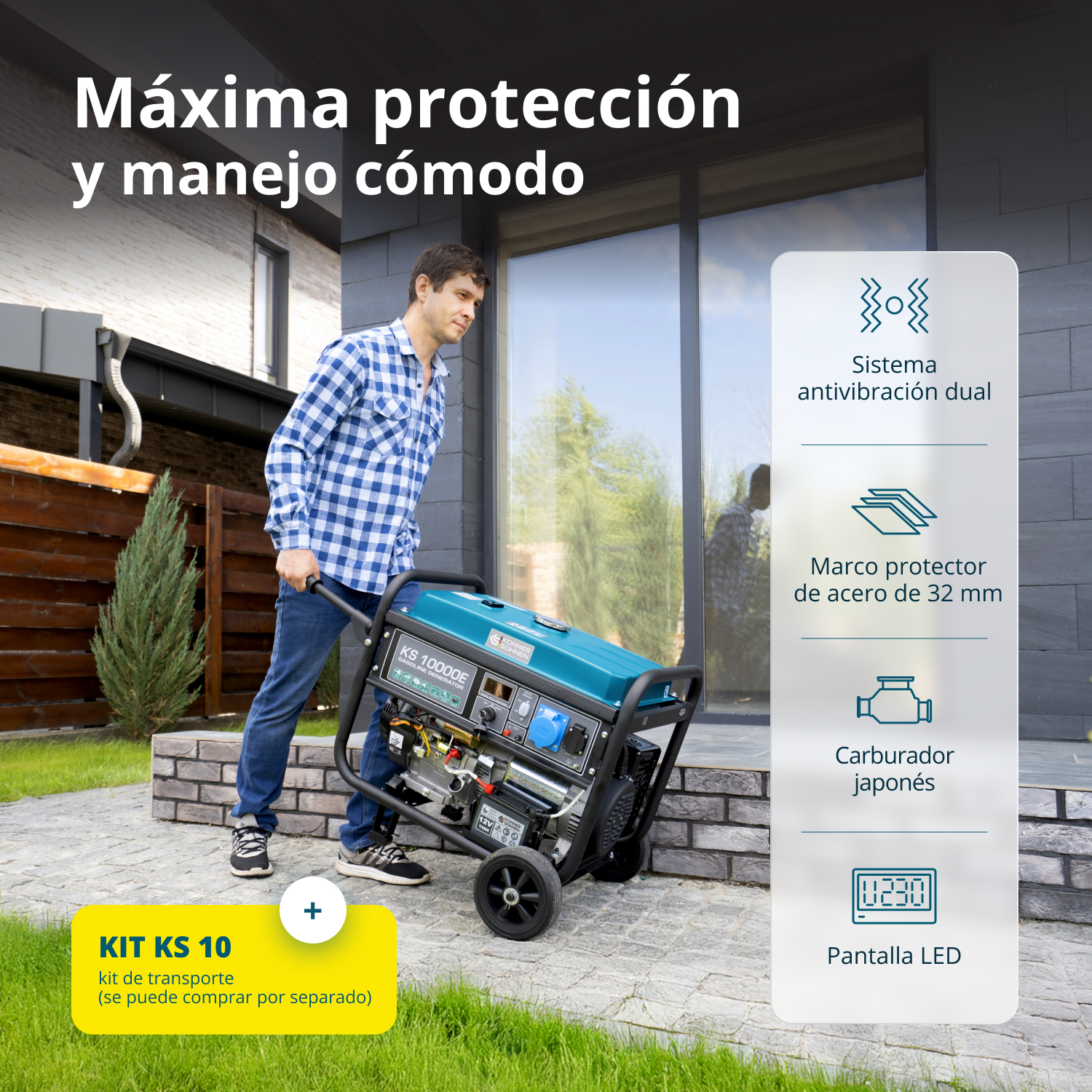 Mężczyzna ciągnie niebieski agregat na utwardzonym terenie. Tekst z boku zawiera specyfikacje. W polu tekstowym napisano zestaw KS 10, zestaw transportowy.