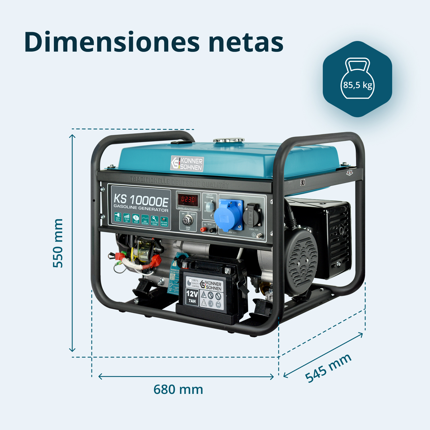 Se muestra un generador de gasolina. Tiene una parte superior turquesa y un marco negro, con dimensiones e información de peso.