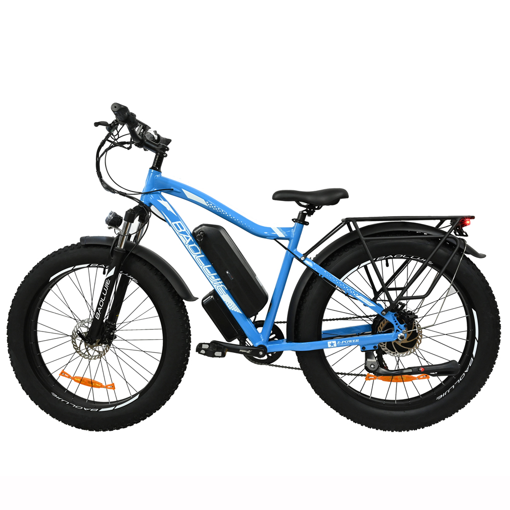 Se muestra una bicicleta eléctrica azul con neumáticos negros y una batería negra sobre un fondo blanco. La marca es 'BAOLLIE'.