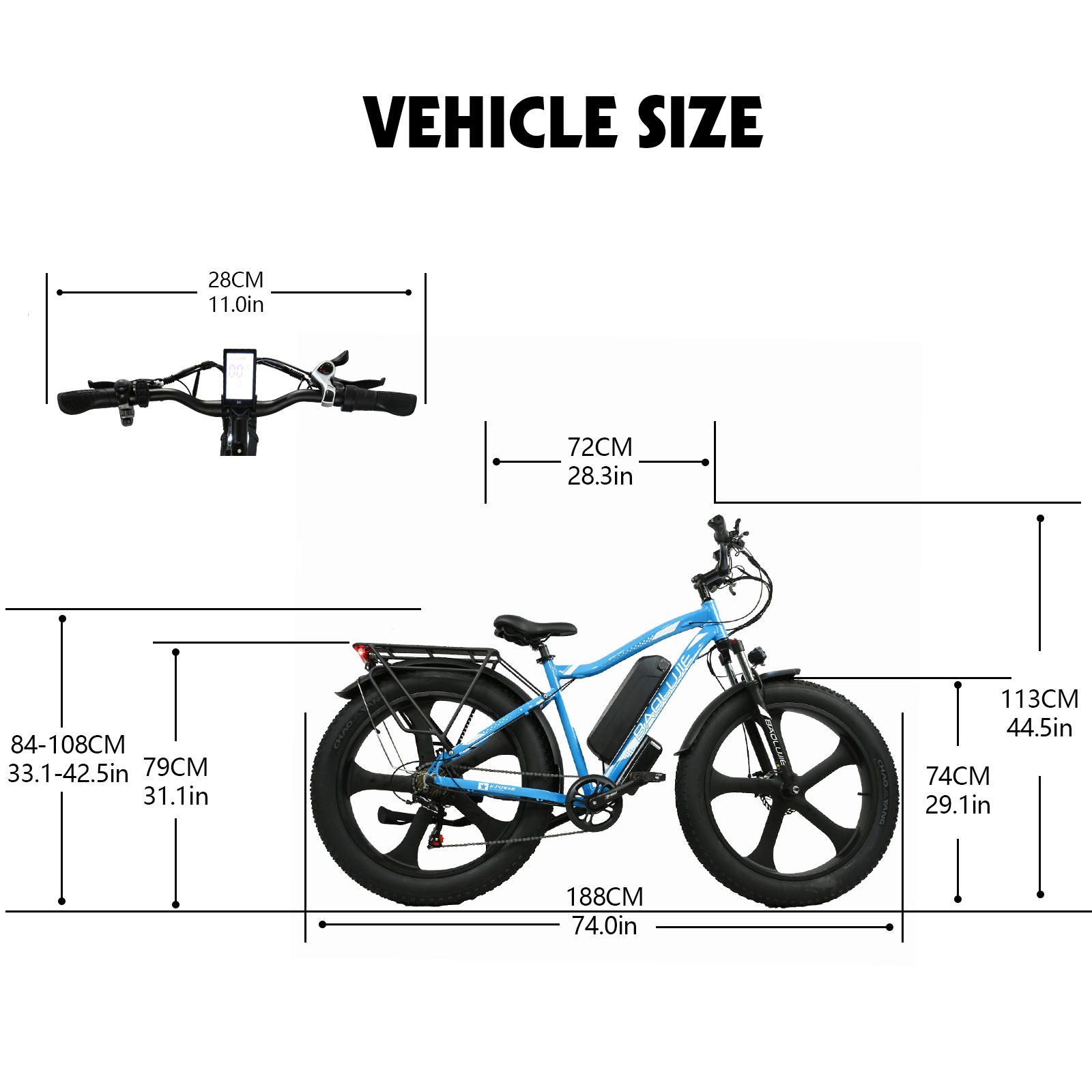 Bicicleta eléctrica azul con detalles de tamaño. La bicicleta es negra y azul. Las dimensiones están etiquetadas en cm y pulgadas.