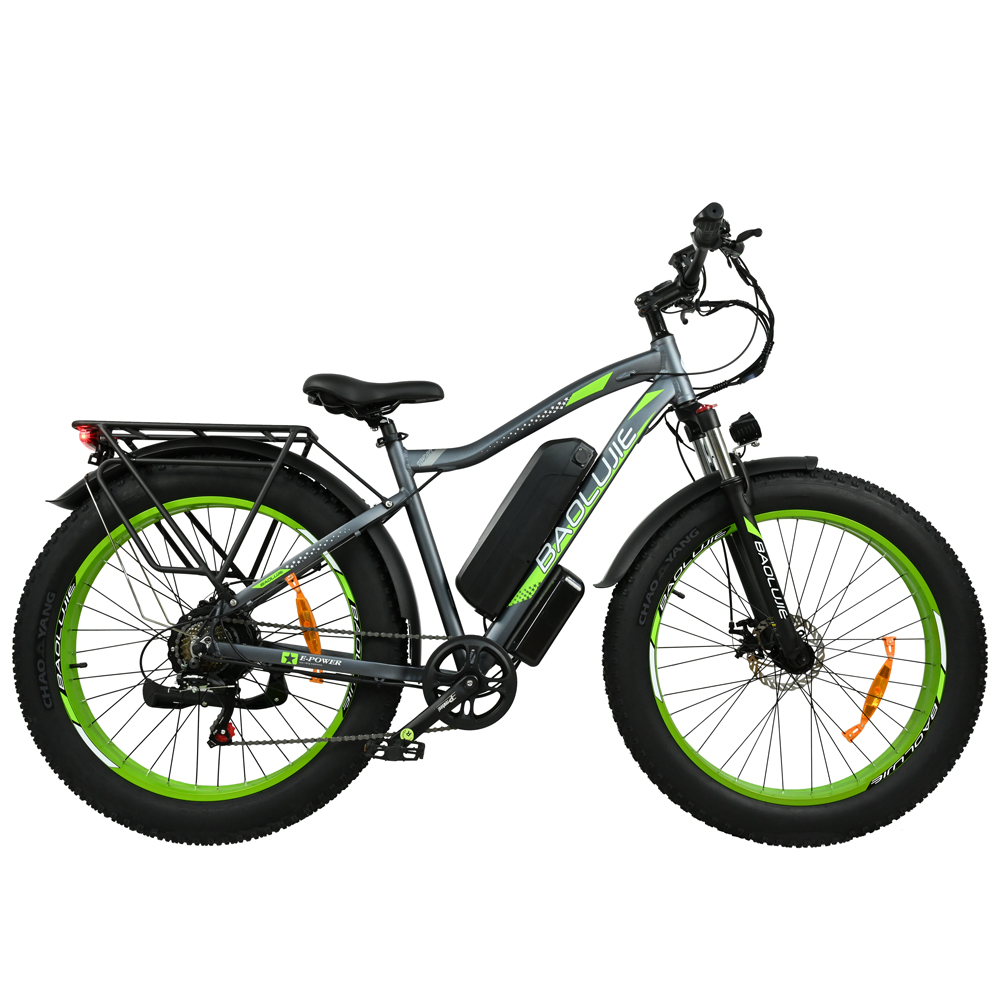 Una bicicleta eléctrica con neumáticos negros, llantas verdes y un cuadro gris. Tiene una batería y un portaequipajes. El fondo es blanco.