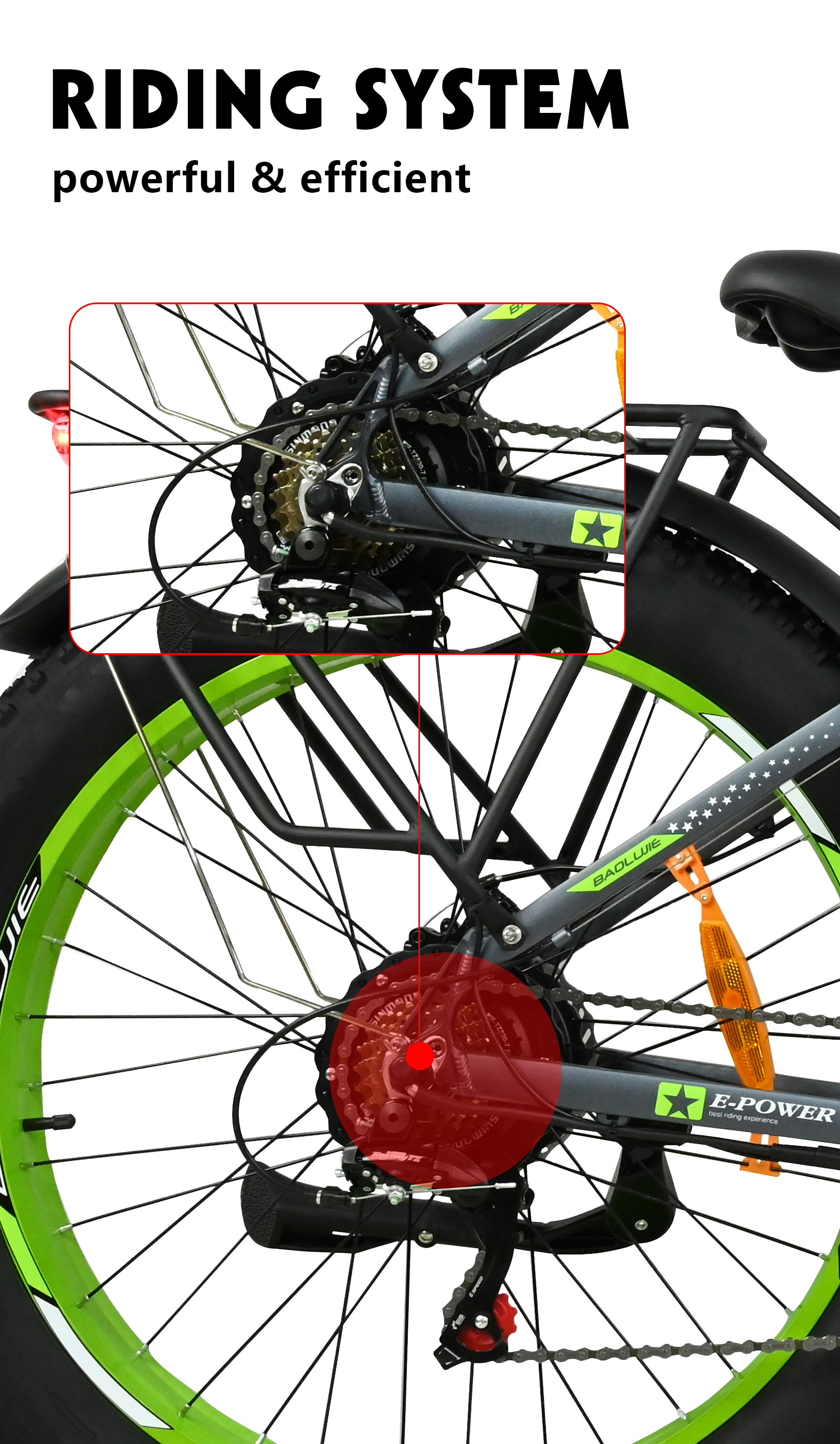 Primer plano de la rueda trasera de una bicicleta, mostrando engranajes, cadena y el sistema E-POWER. La rueda tiene llanta verde y radios negros.