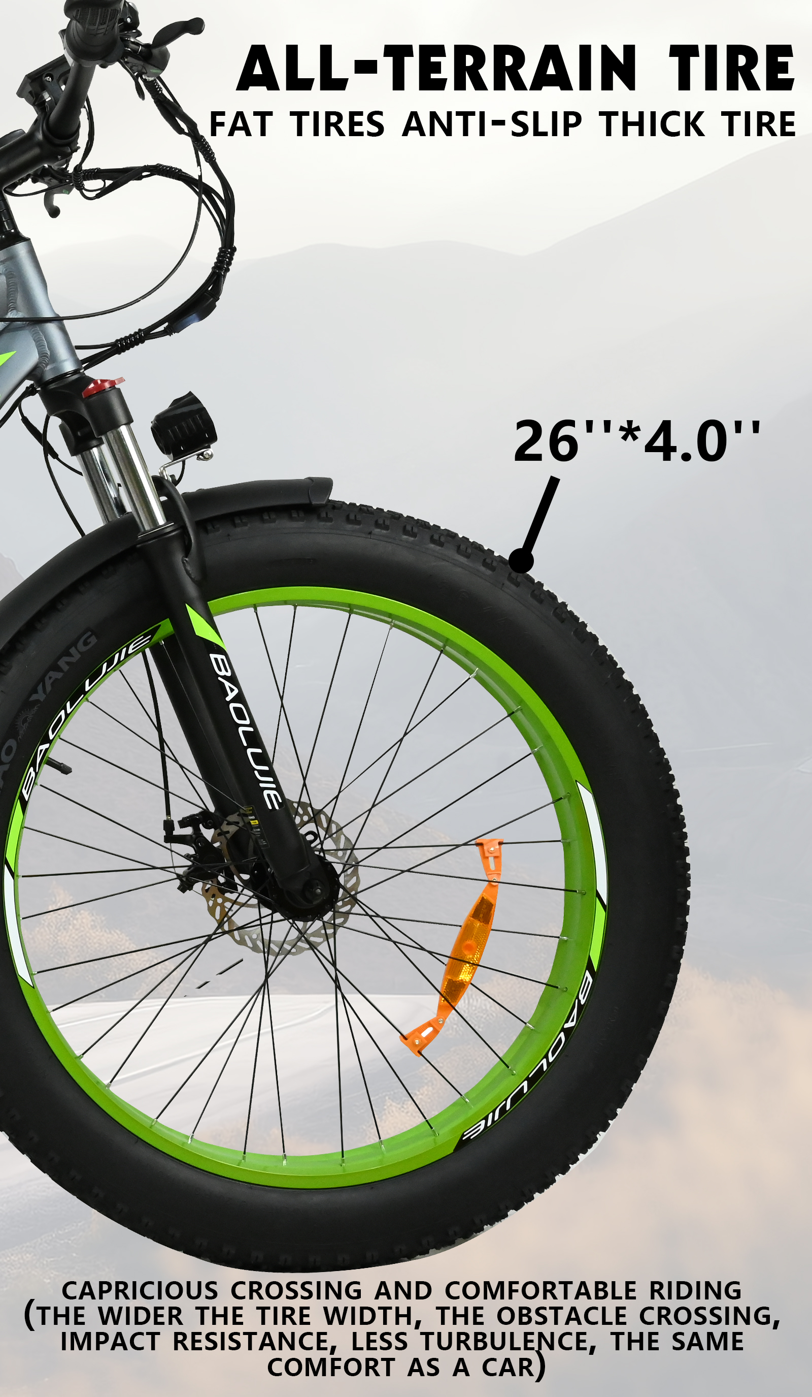 Se muestra un neumático todoterreno, la rueda es verde y negra. El texto en la imagen dice "FAT TIRES ANTI-SLIP THICK TIRE" y "26''*4.0''".