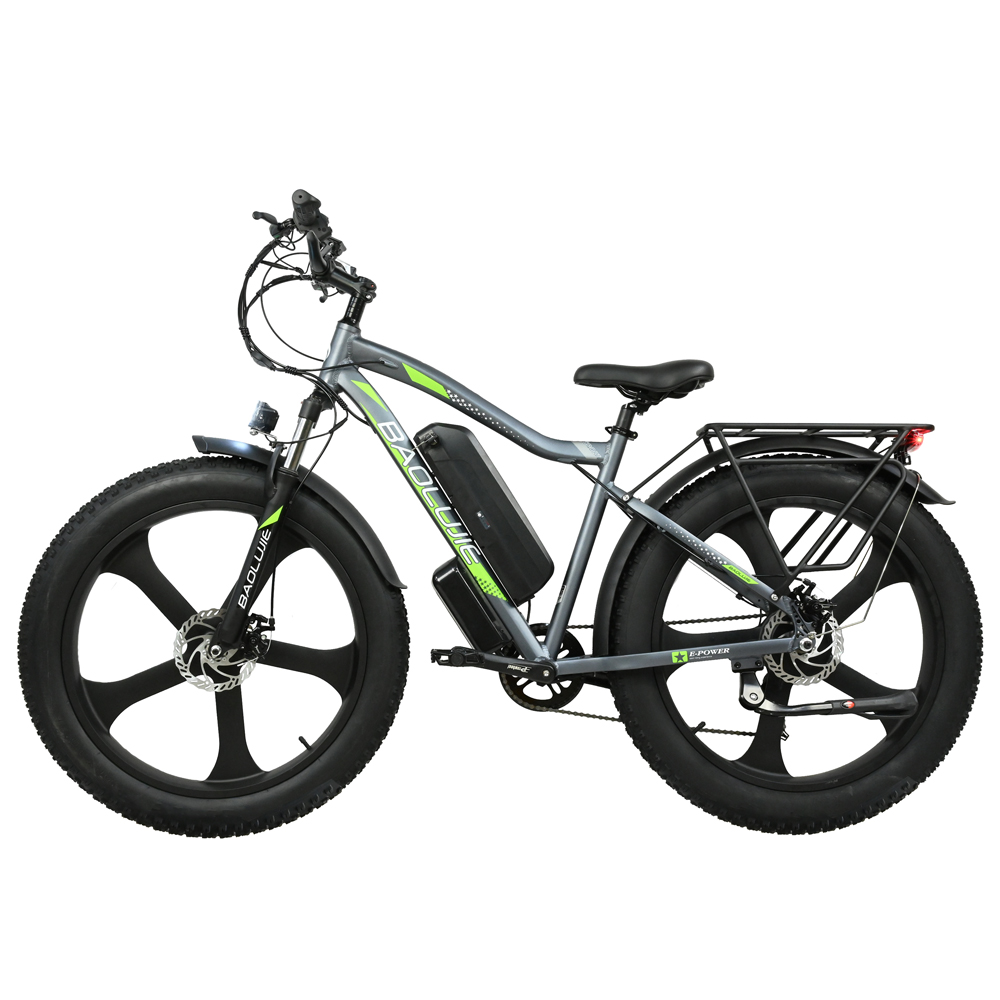 Una bicicleta eléctrica gris con neumáticos negros. Tiene batería, portaequipajes y detalles verdes. El fondo es blanco.