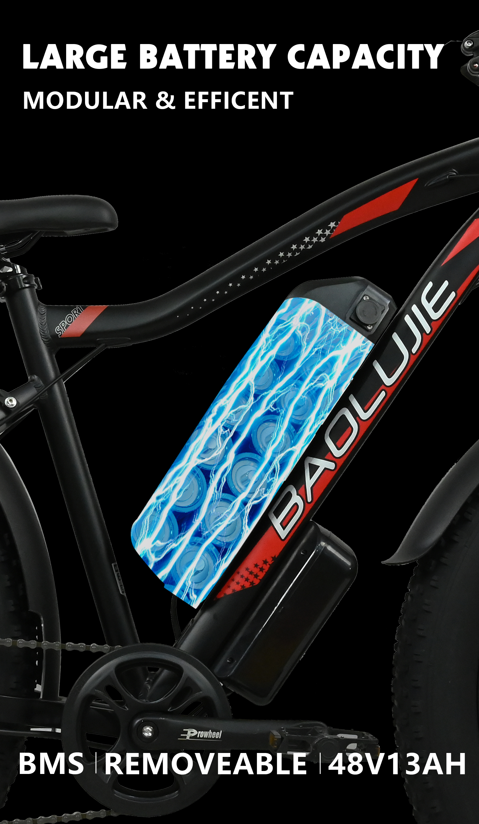 Bicicleta eléctrica negra con una batería grande y el texto 'BAOLUJIE'. La batería tiene un diseño de rayos azules. Texto: 'GRAN CAPACIDAD DE BATERÍA'.
