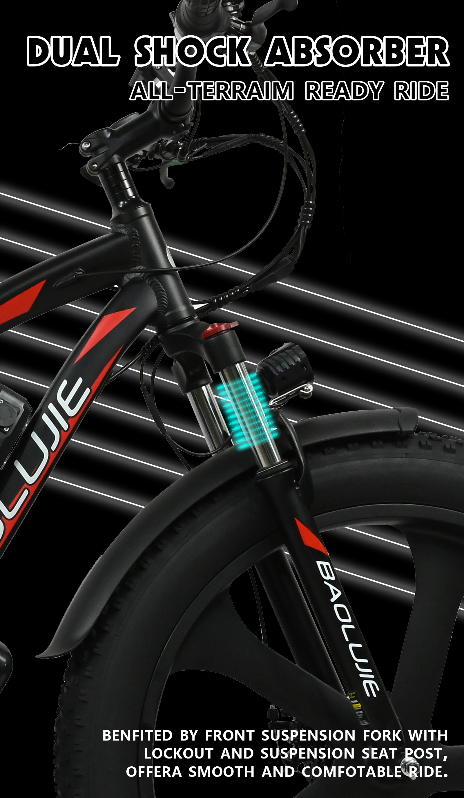 Detalle de una bicicleta de montaña negra. Cuenta con amortiguadores dobles, suspensión delantera y la marca 'BAOLUJIE'.